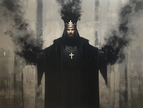 A black-robed king with a crown made of shadow, in the style of dark fantasy art by john blanche.