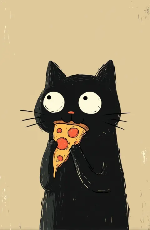 A black cat eating pizza, an anthropomorphic style cartoon hand-drawn illustration