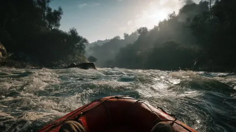 First person view rafting on angry river