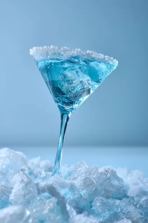 A blue martini glass, angled at 15 degrees, resting on a surface of crushed glacier ice within a fre
