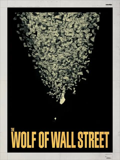 A bold Swiss International Style graphic design poster with a single image of falling cash and bold