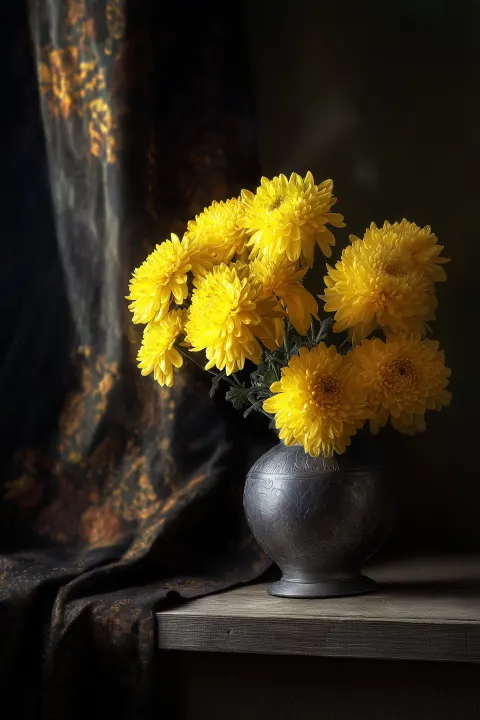 A bouquet of yellow chrysanthemums in a small, dark