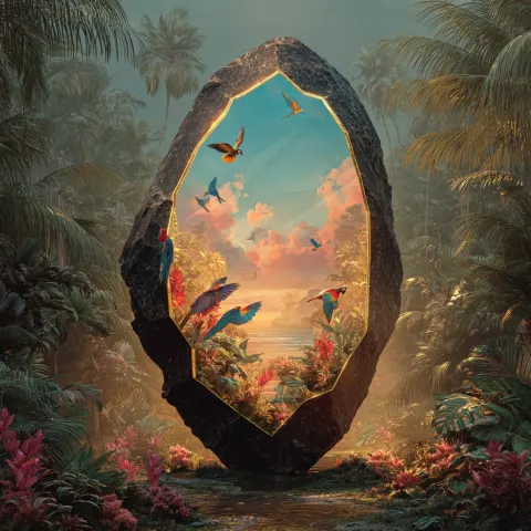 A breathtaking, photorealistic music album cover scene. In the foreground, a large