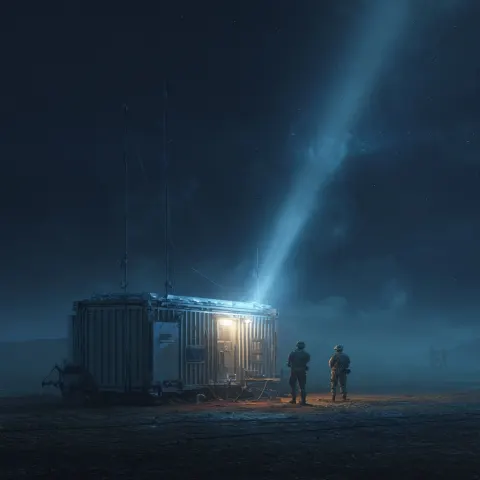 A clandestine small, portable military antenna receiving a laser bean from a low earth orbit satelli