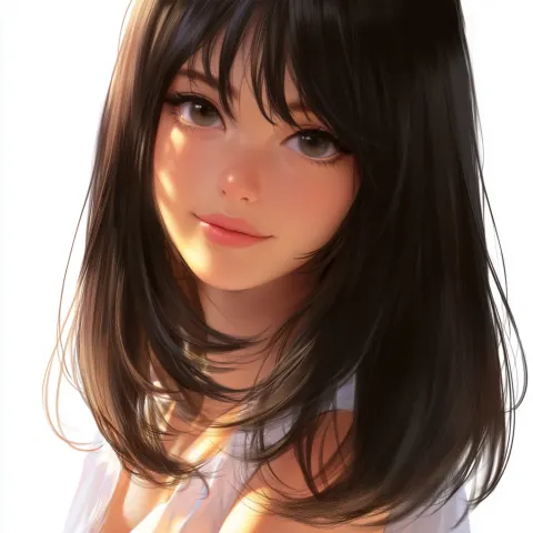 A cute stylized girl character, dark brown straight hair, shoulder-length hair