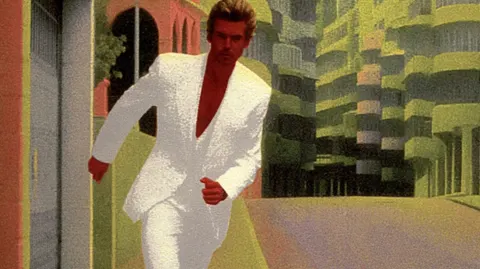 A cool male spy wearing a white linen suit, in Hong Kong, running away from a building