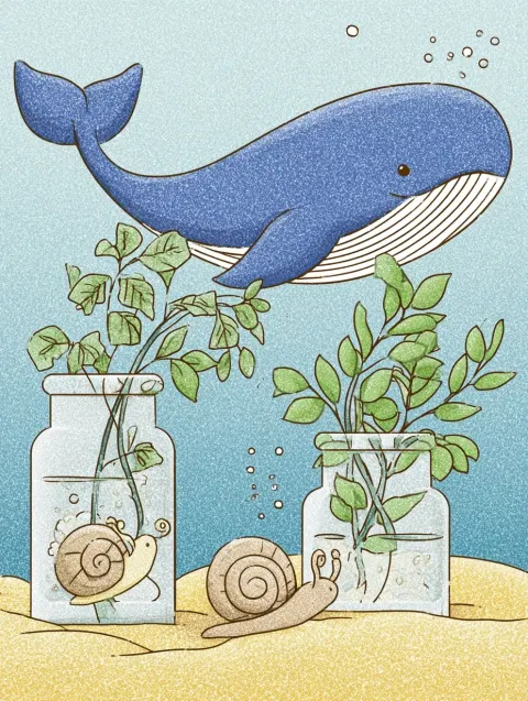 A cute little blue whale is flying around two glass vases