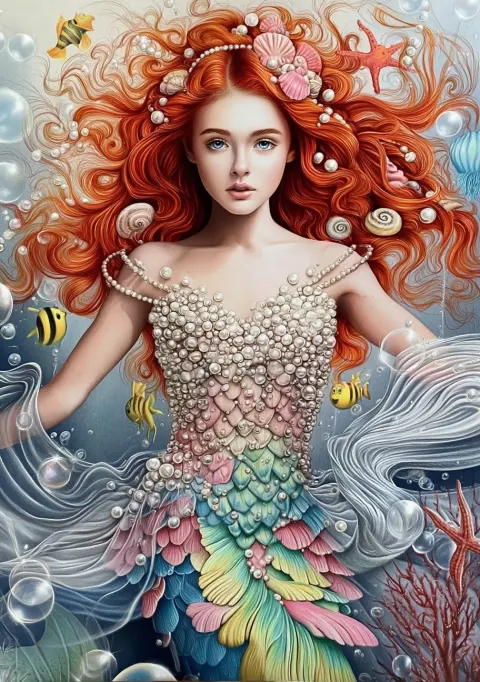 A highly realistic full-body drawing of a little Mermaid as a beautiful young guardian princess with