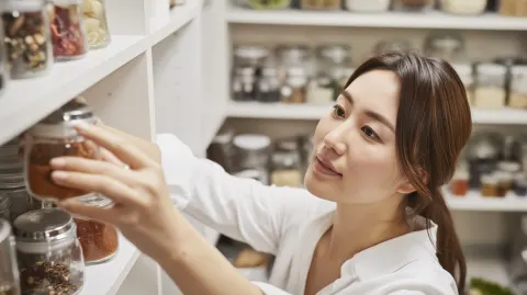 A Korean woman, early 30s, reaching for a spice jar on a shelf, natural skin texture