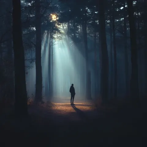 A lone figure standing in a misty forest at dusk, looking around desperately