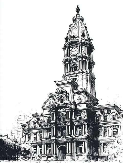 Single continuous simple minimal ink cartoony drawing of the philadelphia city hall