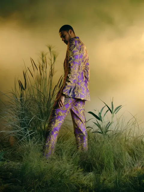 High-end fashion editorial, surreal staged landscape