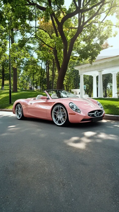 A luxury convertible car fully visible in the frame, entire car from front to rear clearly shown