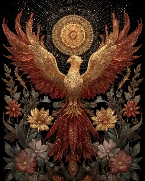 A majestic phoenix rising from golden midsummer flames, feathers glowing in shades of gold