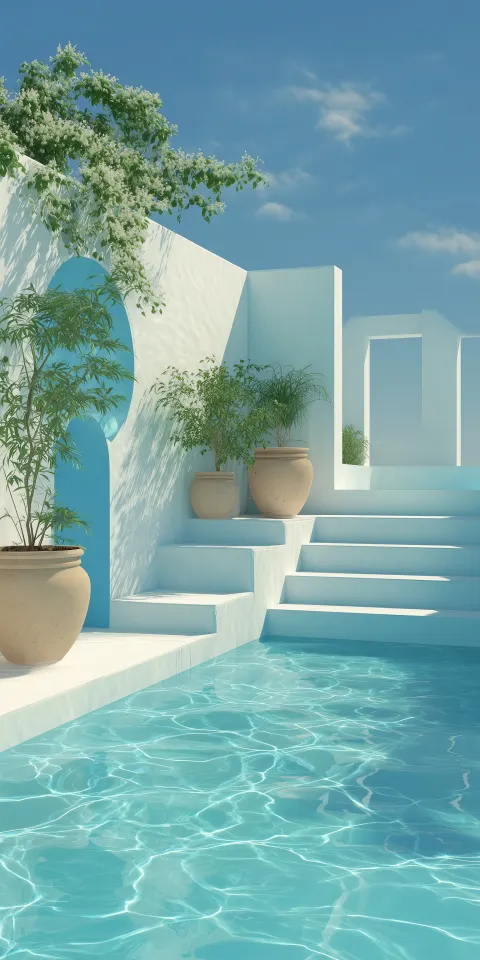 A minimalist aesthetic, with a pastel blue pool and water ripples, white walls and steps