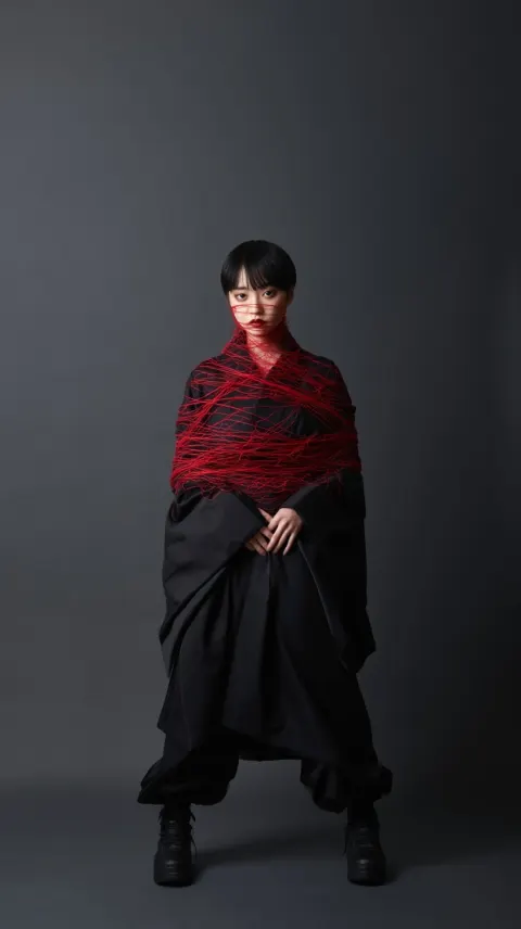 A modern, clear photograph. A full-body shot of a young Japanese woman bound with extremely thin red