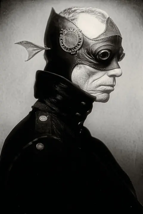 Brooding pelagic steampunk superhero, moody portrait