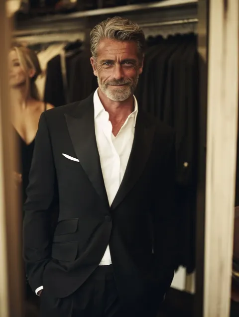 A modern handsome actor looking at himself in a mirror at a tailor shop and smiling with satisfactio