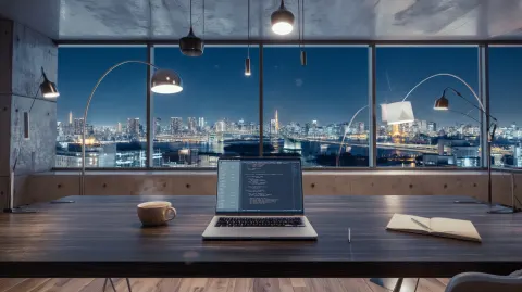 A modern, high-rise office sanctuary at night, floor-to-ceiling windows with panoramic cityscape vie