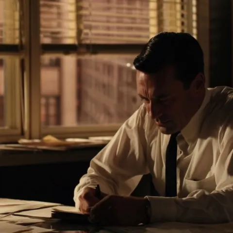 A photo of don draper from mad men, writing in his notebook