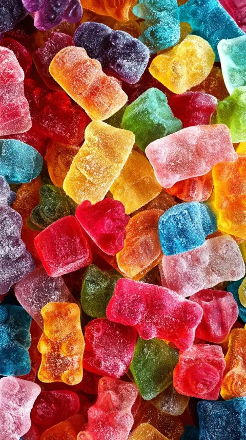 A pile of colorful gummy bears, gummies, opaque candy with a clear glass texture