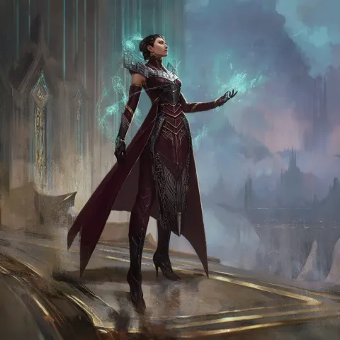 Cinematic realism, high-end MOBA splash art, intimidating high-magic academic woman