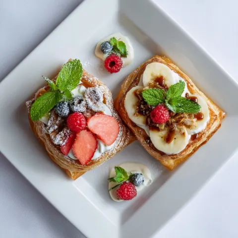 A studio photograph of two beautiful, appetizing, and airy Berlin-style puff pastries with various t