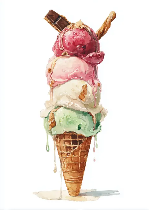 A tall waffle ice cream cone with four scoops stacked high, flavors including raspberry red