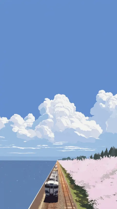 A train travels along the tracks against a backdrop of blue sky and white clouds. To the left of the