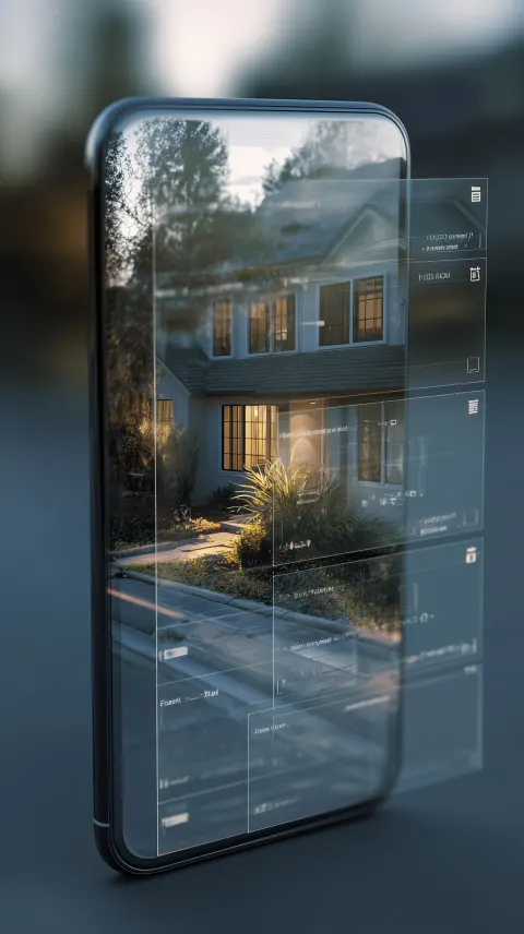 A translucent mobile app interface overlaid with a photo of a private European house