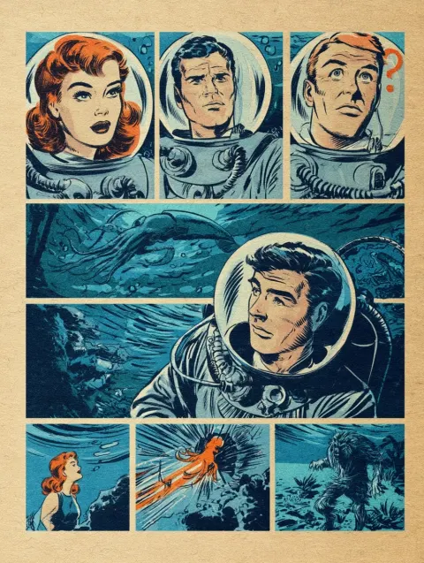 A trio of deep sea divers, one is a cute lady, one man is confused, one is a werewolf