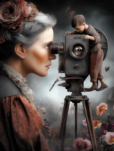 A vintage-era woman looking through an old camera, and a character clinging to the camera lens.
