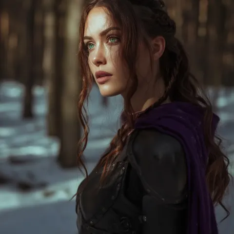 A young woman in her early 20s. She has long wavy brown hair that is tied back into a ponytail with