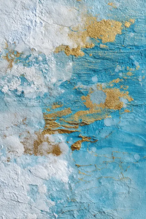 Abstract blue, yellow, goldand white textured background with snow in the sky, ice texture