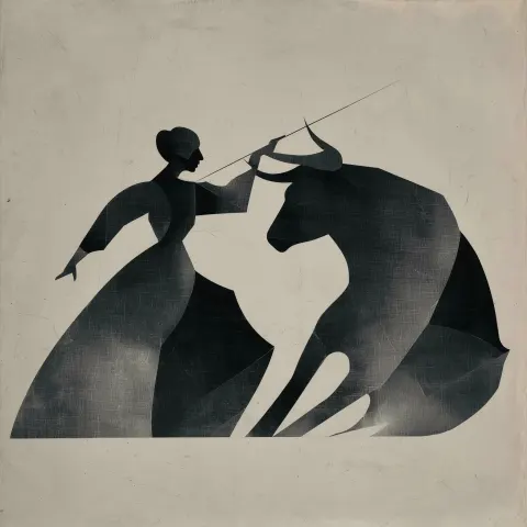Abstract editorial stencil art, simplified geometric female figure and bull facing each other