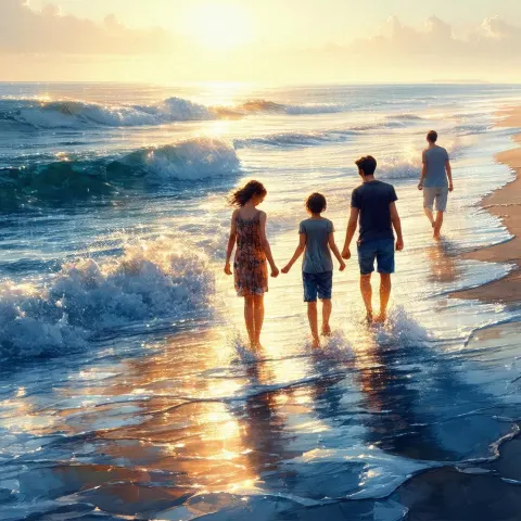 Family of Four Strolling a Golden Beach