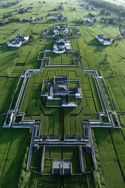 Aerial bird's-eye panoramic view, large areas of lush green rice fields interwoven with Huizhou-styl