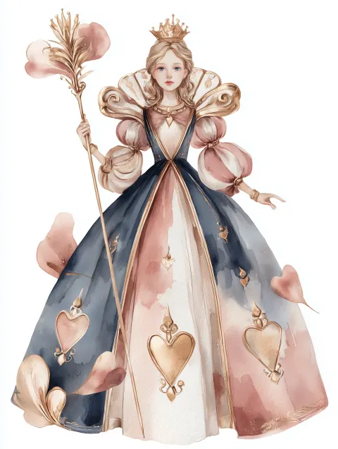 Alice in Wonderland clipart, young girl wearing a structured gown with heart motifs