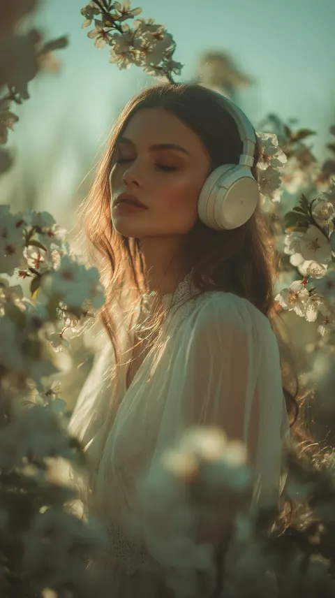 An ethereal woman standing in a sunlit flower garden