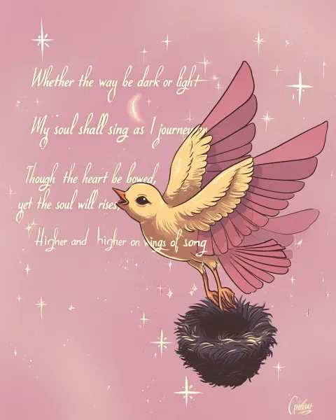 An illustrated poem with a young bird leaping from a nest. In elegant text