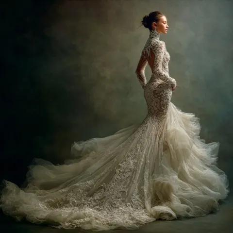 An ultra-realistic, high-fashion photograph of a Haute Couture mermaid wedding dress