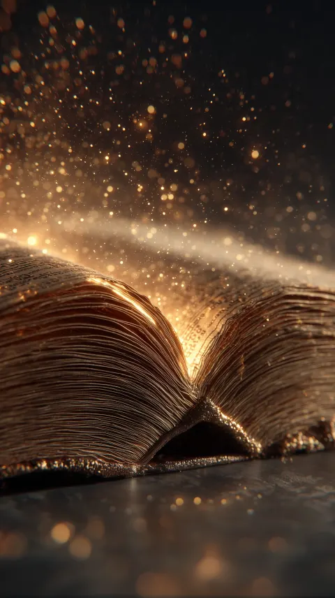 Ancient glowing Bible floating in darkness, pages turning by themselves