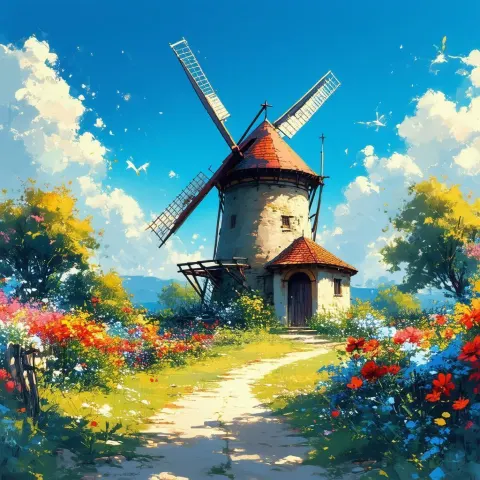 Old Windmill Blooming in Anime Flowers