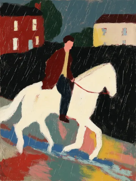 A thin boy rides a white horse, whip in hand, galloping through the dark