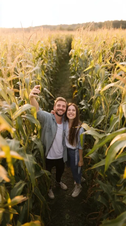 Beautiful stock-style image of a good-looking Polish couple in a corn field maze