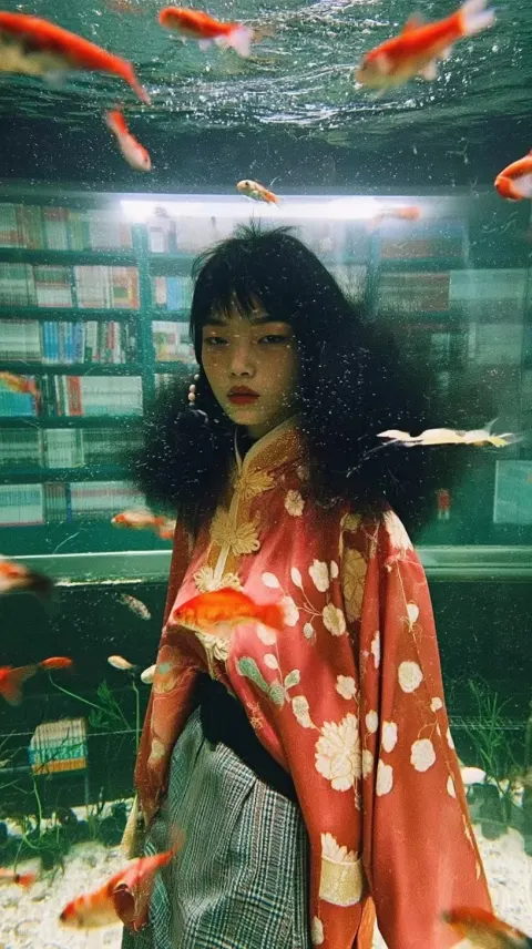 Supermodel from 80s HK style, with curly hair, walking under water in a well-designed aquarium behin