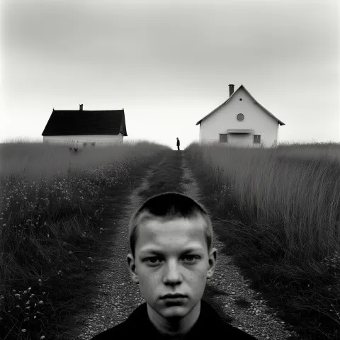 Black and white rural photograph in the style of Béla Tarr