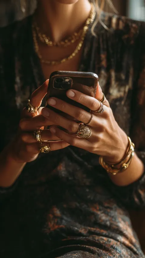 Candid lifestyle photo, hands wearing vintage gold rings and bracelets, holding a phone