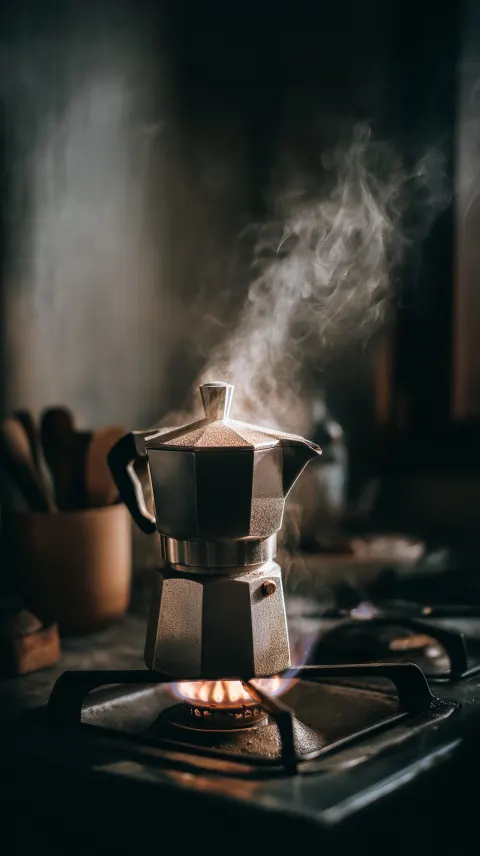Cinematic close-up of moka pot on gas stove, coffee overflowing and spilling down onto burner