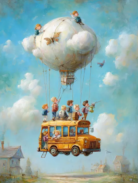 Children are going to school elevated by a helium balloon, illustration, hard brush oil painting